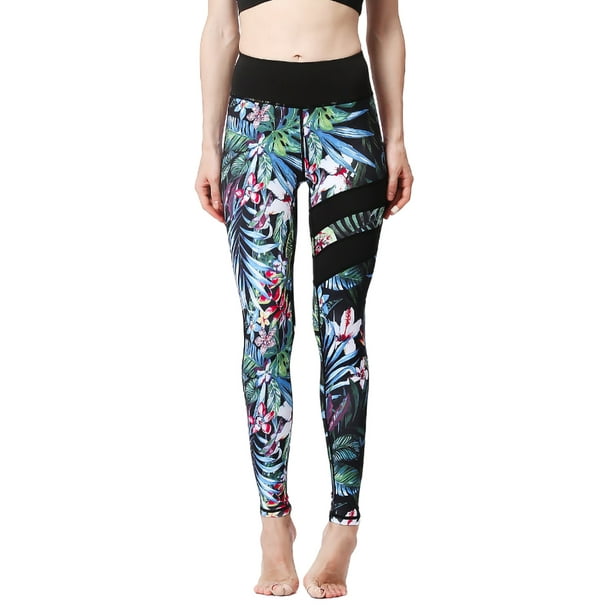 Womens Workout Running Legging Sunflower Floral in Black Tummy Control Yoga Pants Sports 